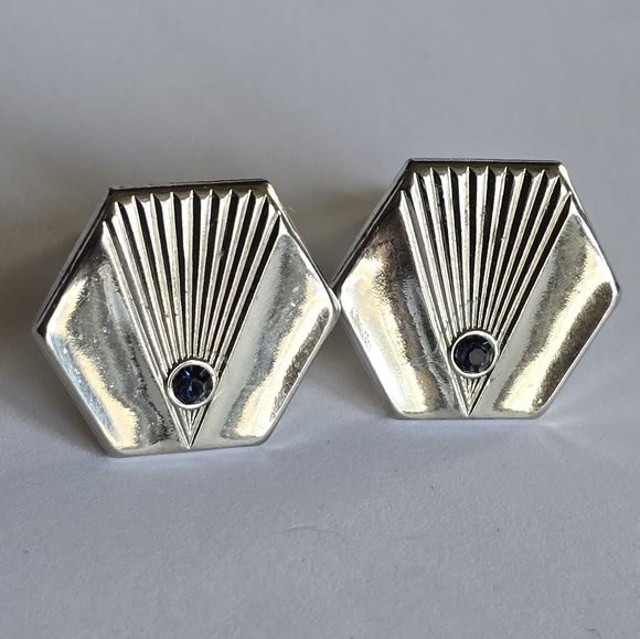 Vintage cuff links Art Deco style silver tone cufflinks blue gem - Picture 7 of 12